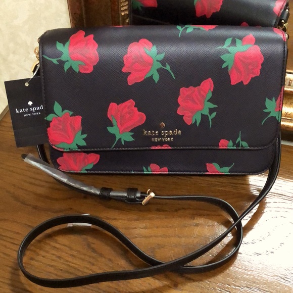 New Kate Spade black and red roses removable crossbody or chain handle purse. - Picture 4 of 16